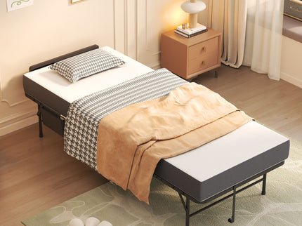 Twin Folding Bed With Adjustable Headboard & Memory Foam, Space Saving Rollaway Guest For Tall People, Portable On Wheels, Easy Assembly - Black