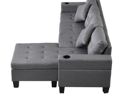 Modern Sectional Sofa Set With L Shape Chaise Lounge, Cup Holder, 4 Seat - Gray