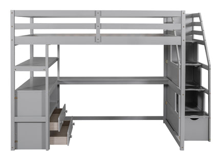 Loft Bed With Desk, Shelves, 2 Drawers, Storage Staircase