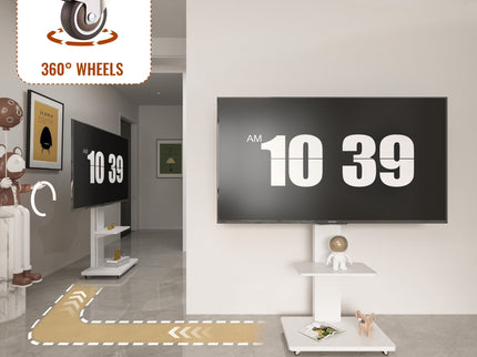 Mobile TV Stand With Shelf Floor Mount Cart For TVs With Lockable Wheels Ideal For Living Room Bedroom Or Office - White