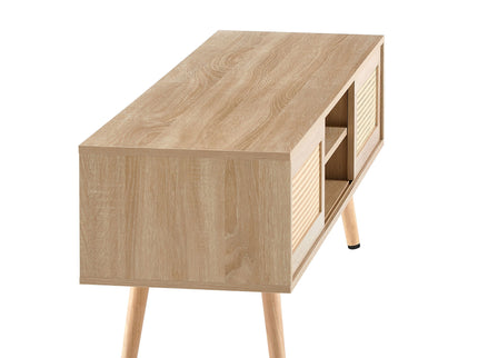 55.12" Rattan TV Cabinet, Double Sliding Doors For Storage, Adjustable Shelf, Solid Wood Legs, TV Console For Living Room