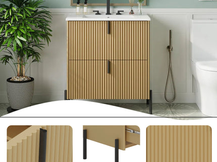 Fluted Bathroom Vanity With Ceramic Sink, Freestanding Design