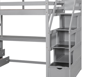 Loft Bed With Desk, Shelves, 2 Drawers, Storage Staircase