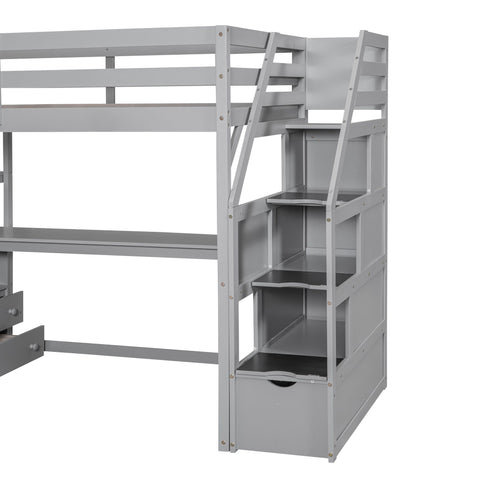 Loft Bed With Desk, Shelves, 2 Drawers, Storage Staircase