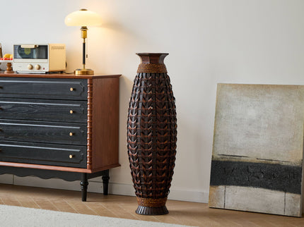 Hand Woven Bamboo Floor Vase, Decorative Accent For Living Room - Acacia Wood
