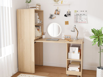 Stretchable Office Desk With Storage Shelves And Mobile Wheels