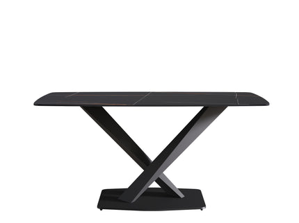 63" Artificial Stone Black Curved Black Metal Leg Dining Table - Black