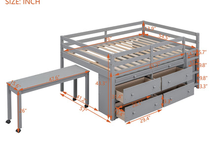 Loft Bed With Retractable Writing Desk And 4 Drawers, With Lateral Portable Desk And Shelves