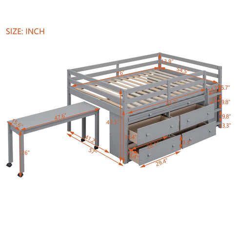 Loft Bed With Retractable Writing Desk And 4 Drawers, With Lateral Portable Desk And Shelves