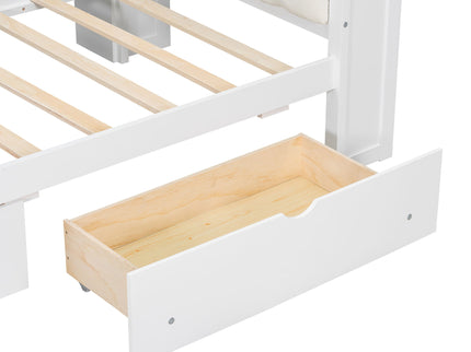 Platform Bed With Upholstered Headboard, Storage Shelves, Drawers, Charging Station, LED Lighting, Built In Desk