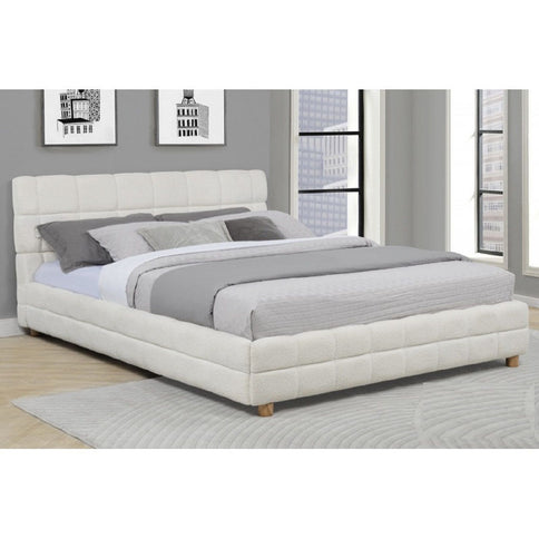 Modern Platform Bed With Upholstered Grid-Patterned Headboard