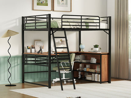 Full Size Loft Bed With 3 Layers Of Shelves And L-Shaped Desk - Black
