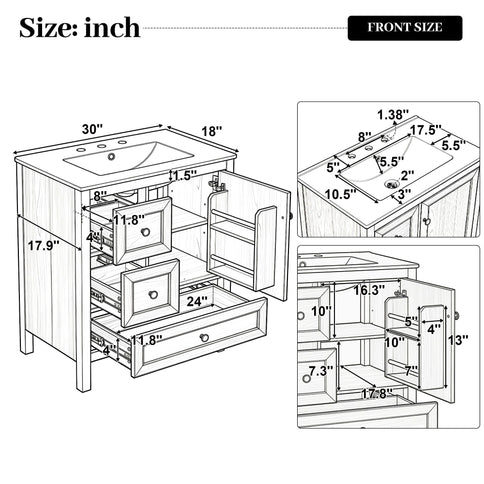 Modern Bathroom Vanity With Sink, Soft Close Drawers & Door, Storage Rack
