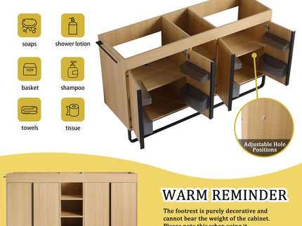 58" Freestanding Bathroom Cabinet With 4 Soft Close Doors & 3 Open Racks (Vanity Only, No Sink) - Oak