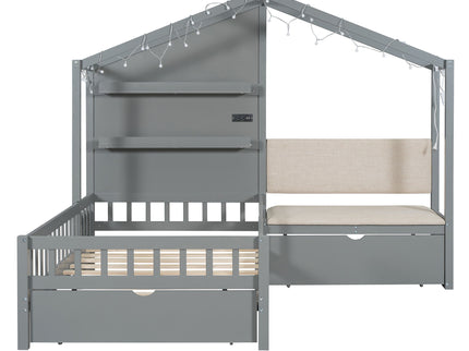 House Bed With Upholstered Sofa, Wireless Charging Station, Shelves And 2 Drawers