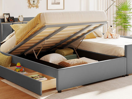 Upholstered Mother & Child Bed With Hydraulic Storage System, Drawer Box, Bedhead Storage Shelf And 2 Pairs Of Sockets & USB Ports