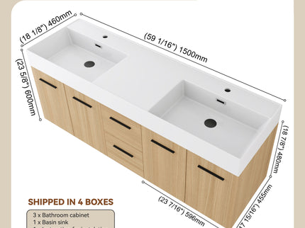 Floating Double Sink Bathroom Vanity With Drawers And Doors, Extra Large Storage, Integrated Sink, Soft Close Hardware - Glossy White / Light Oak