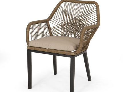 Modern Wicker Dining Club Chair With Water Resistant Cushions - Brown / Beige