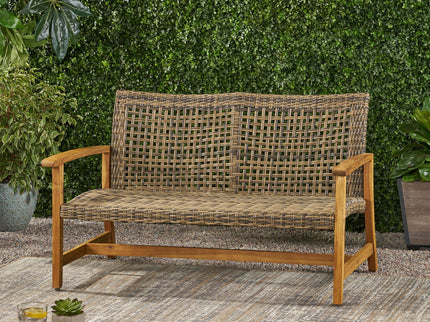 Outdoor Rattan Loveseat With Wooden Legs - Brown