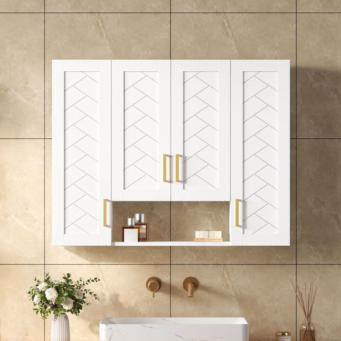 Wall Mounted Medicine Cabinet With 5 Adjustable Shelves, Exquisite Carving - White