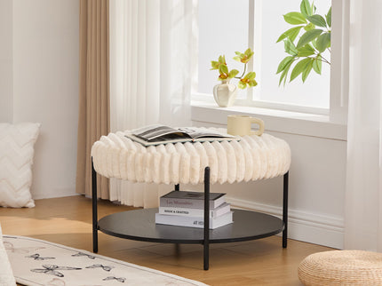Modern Upholstered Round Ottoman Coffee Table With Storage Shelf