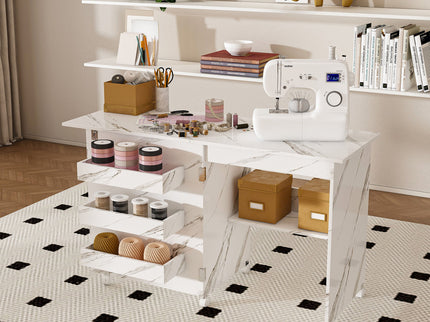 4 In 1 Folding Sewing Table With Lockable Wheels, Multi Functional Craft Station - White