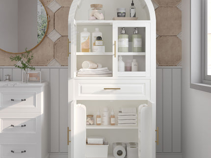 Arched Kitchen Pantry Cabinet With Adjustable Shelves & Barn Door Design