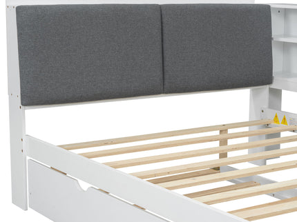 Platform Bed With Trundle, Shelves, And Storage Headboard