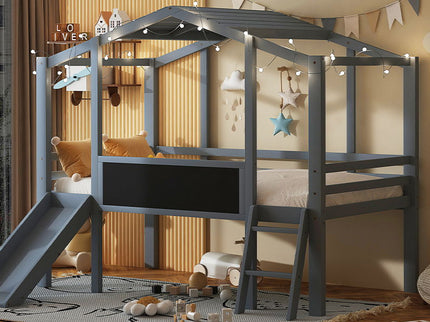 Loft House Bed With Ladder And Slide, With board And Light Strip On The Roof