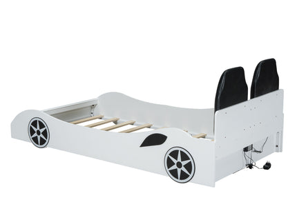 Race Car Shaped Platform Bed With LED And Upholstered Backrest In