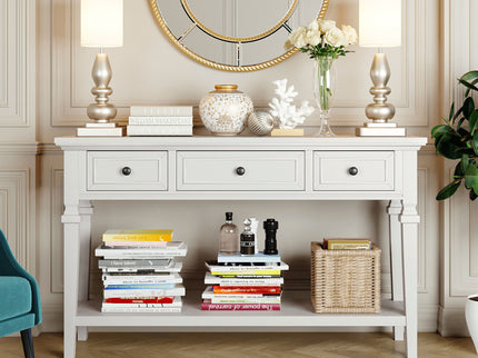 Classic Retro Style Console Table With 3 Top Drawers And Open Style Bottom Shelf - Antique White