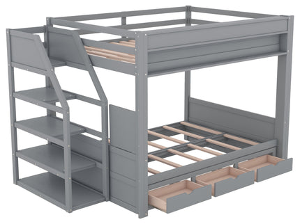 Wood Full Size Convertible Bunk Bed With Storage Staircase, Bedside Table, And 3 Drawers - Gray