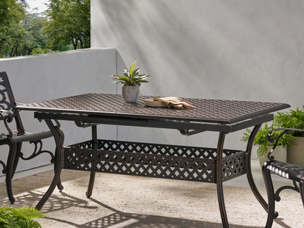 Outdoor Expandable Dining Table With Umbrella Holder, Lattice Pattern And Curved Legs - Black