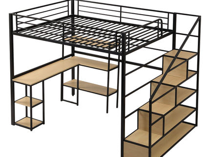 Full Size Loft Bed With Staircase, Built In Desk And Shelves And Sleeping Surface - Black