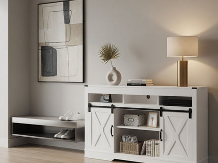 Farmhouse TV Stand With Sliding Barn Doors & Adjustable Storage