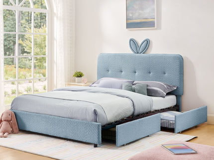 Upholstered Bed With Oversized Rabbit Ear Headboard, LED Lights & 4 Storage Drawers