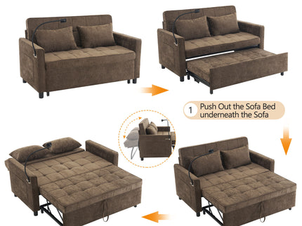 Pull-Out Sleeper Sofa With Reversible Backrest Cushion, Side Pockets, 2 USB Ports And A Phone Holder For Living Room