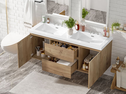 Double Sink Bathroom Vanity, Cabinet & Soft Close Doors, Divided Drawers, Wall Mounted Storage - Wood