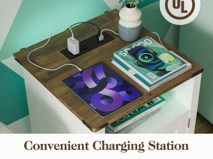 Farmhouse Nightstand With Charging Station & Storage