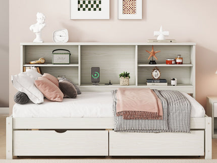 Bed Frame With Side Bookshelves, 2 Drawers, And Built In USB Port