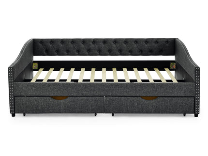 Upholstered Tufted Daybed With 2 Drawers, Waved Arms