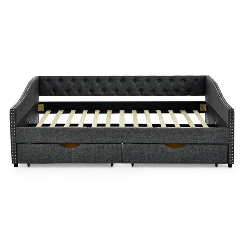 Upholstered Tufted Daybed With 2 Drawers, Waved Arms