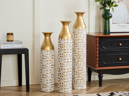 Mother's Day Gift Set Gilded White 3D Relief Flower Metal Vase Set - White / Gold