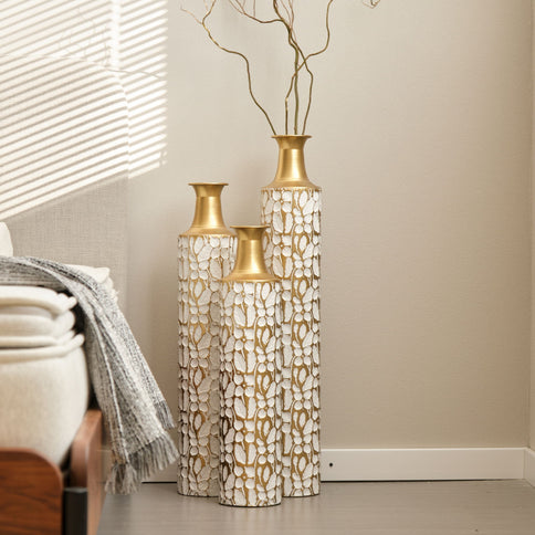Floor Vases Large Vases Decorative High Vases (Set of 3) For Home Decor Vintage Large Vases Representing Twigs, Twigs Dried Flowers Living Room Antique Worn Vases - Antique White