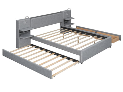 Upholstered Platform Bed With Reading Lights, Drawers, Trundle And Shelves