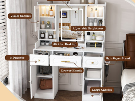 Large Vanity Table Set With Mirror, 6 Drawers & Shelves, Power Socket, Hair Dryer Holder, Cabinet Light, Dressing Desk - White
