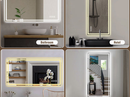 LED Bathroom Vanity Wall Mirror With Straight Edge Design, Frosted Glass Finish, Anti Fog, Dimmable 3 Color Lighting - Silver