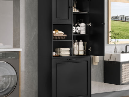Modern Tall Storage Cabinet With Adjustable Shelves, Flip-Out Basket & Enclosed Doors