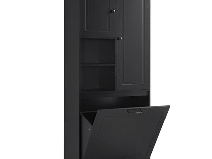 Modern Tall Storage Cabinet With Adjustable Shelves, Flip-Out Basket & Enclosed Doors