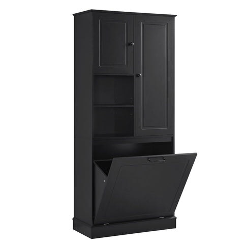 Modern Tall Storage Cabinet With Adjustable Shelves, Flip-Out Basket & Enclosed Doors